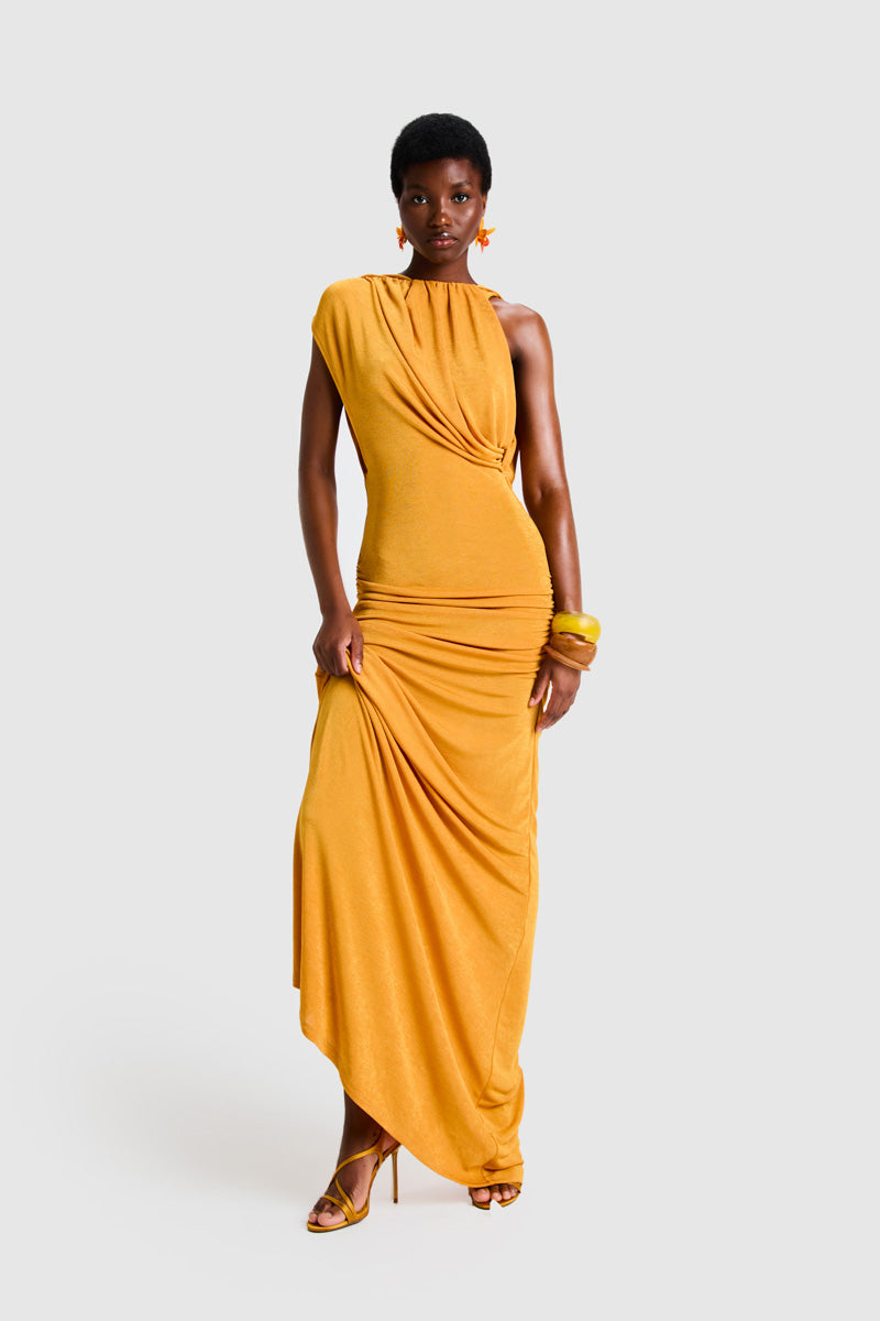 BBXBRAND asymmetric Niyah maxi dress in sweet pineapple print, flowing fabric and stylish design perfect for summer wear.