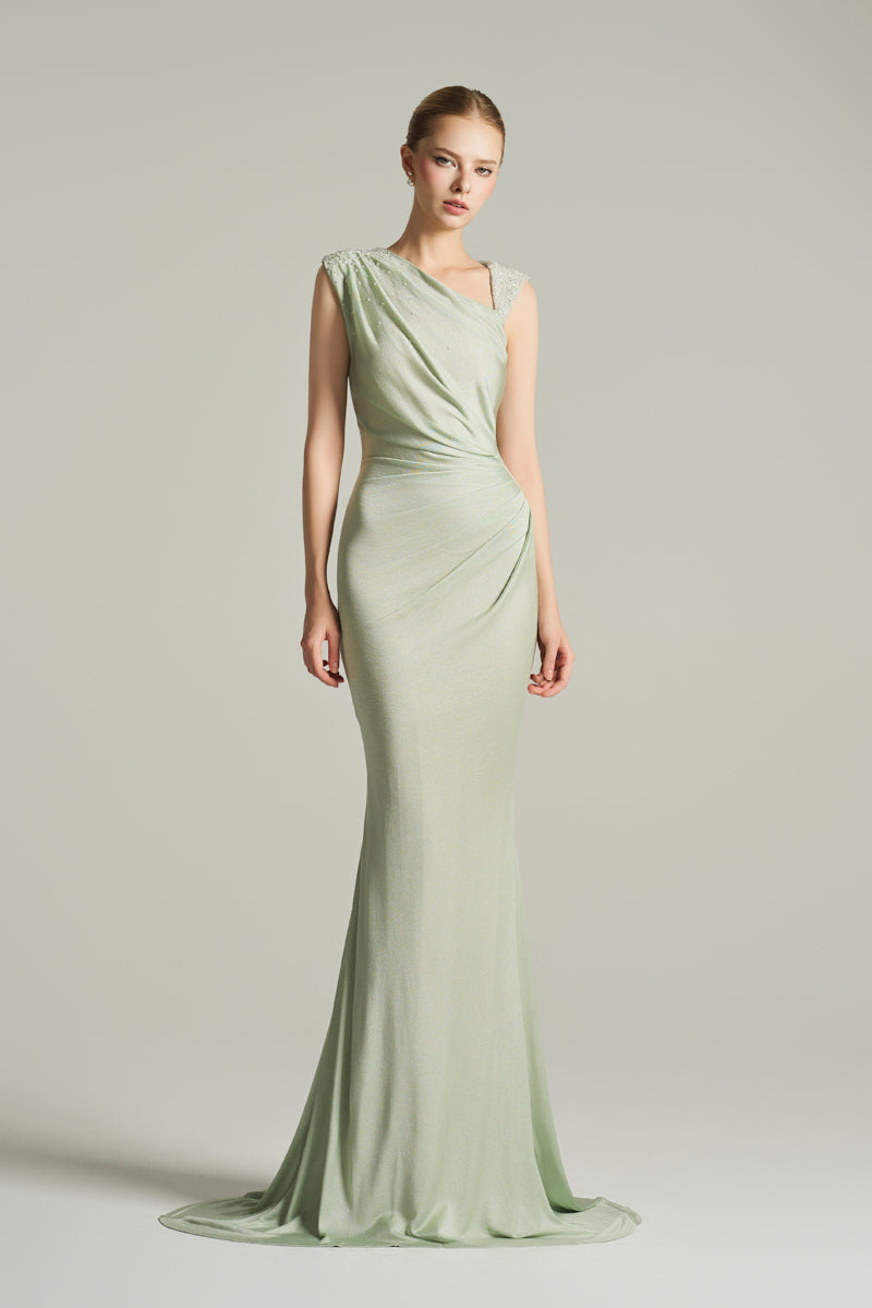 ASYMMETRIC NECKLINE GOWN IN MINT - CULT MIA
