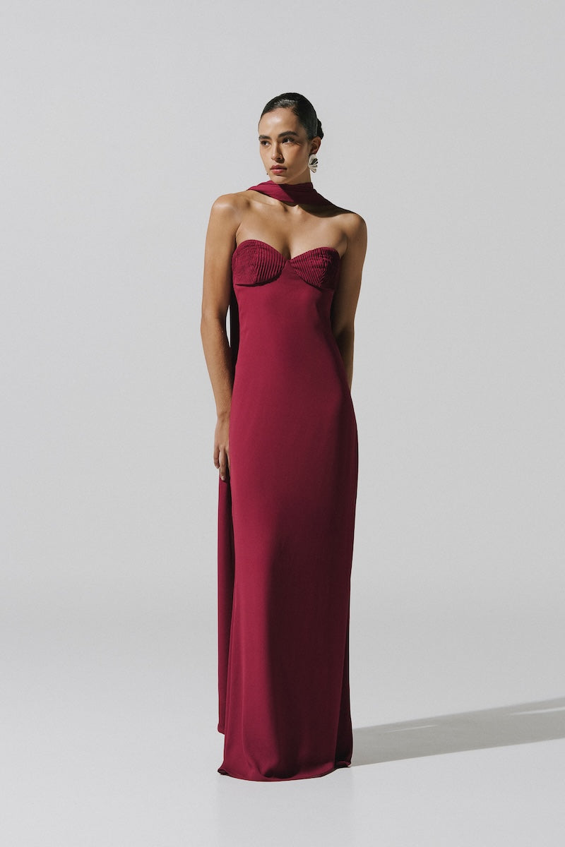 Baobab Athena gown in deep Cabernet color, elegant maxi dress with flowing fabric, perfect for formal occasions.
