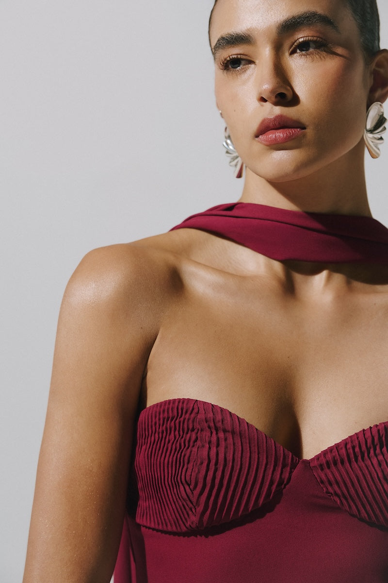 Baobab Athena gown in Cabernet, a flowing maxi dress with elegant design and soft fabric, perfect for formal occasions.