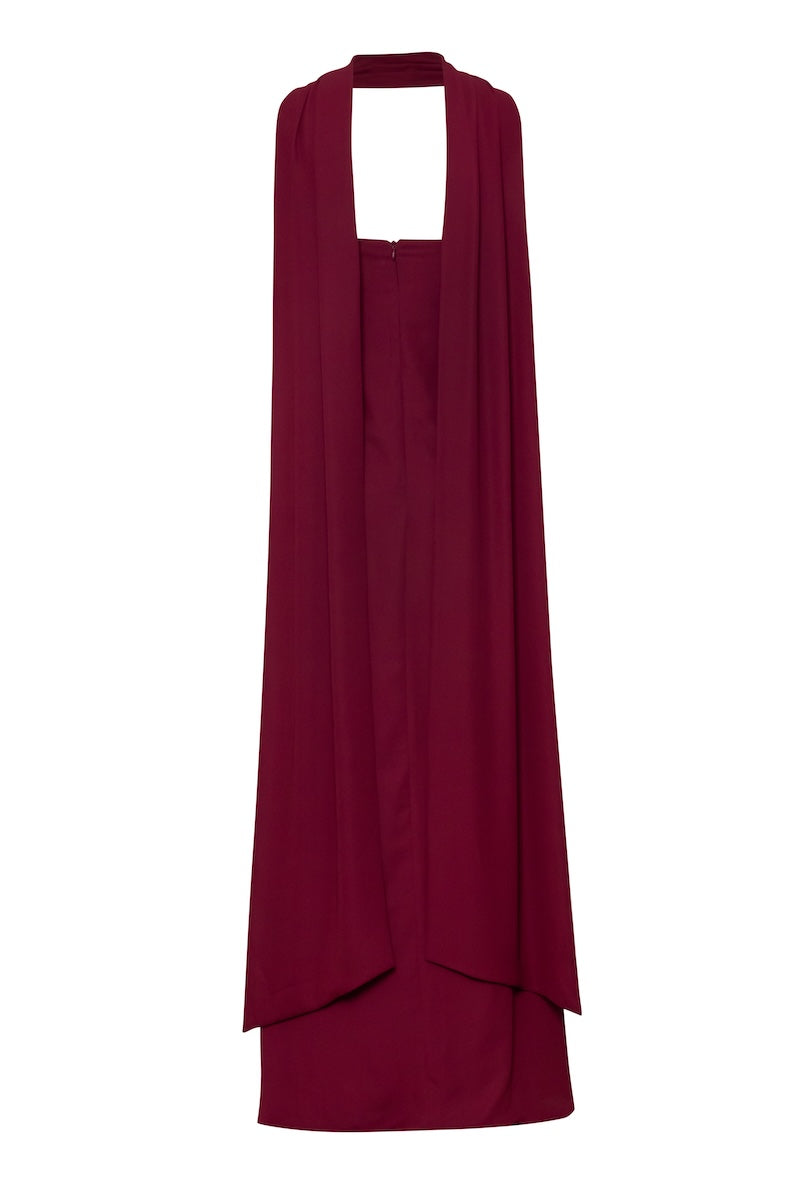 Baobab Athena Gown in Cabernet, a flowing maxi dress with elegant design and vibrant color, perfect for formal occasions.