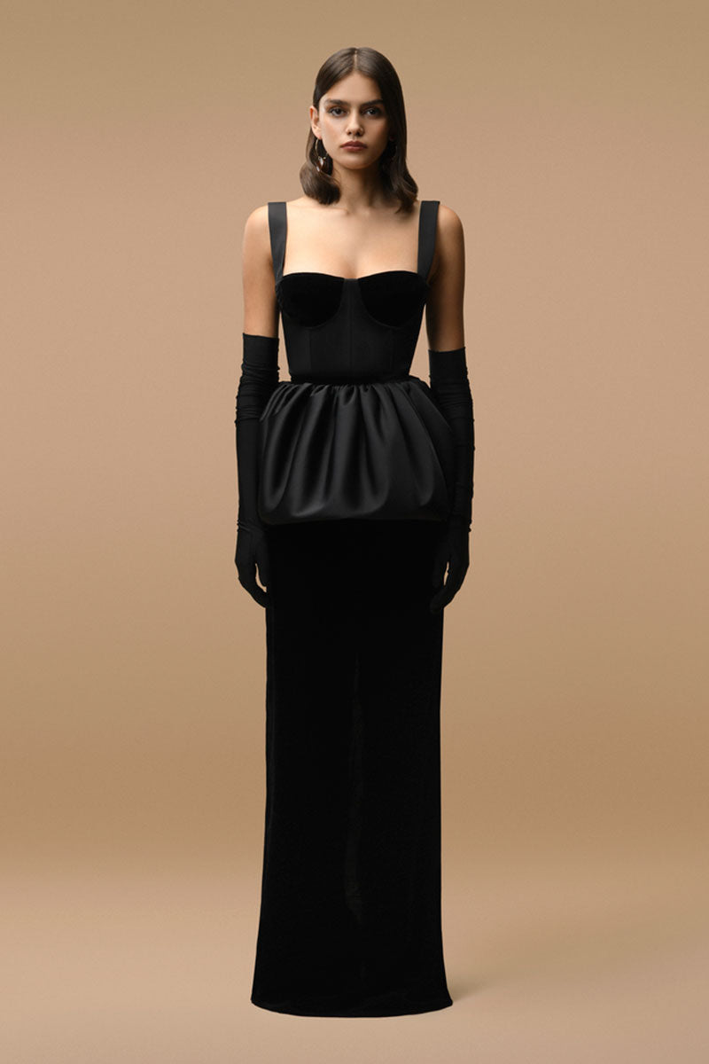 Black Audrey maxi dress by Matters, flowing fabric with a stylish silhouette, perfect for elegant occasions.