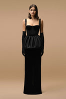 Black Audrey gown by Matters, elegant evening dress with flowing fabric and sophisticated design, shown in the image.