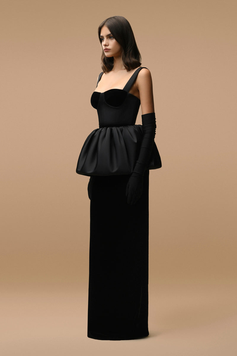 elegant black flowy dress Black Femme Drape Maxi Dress