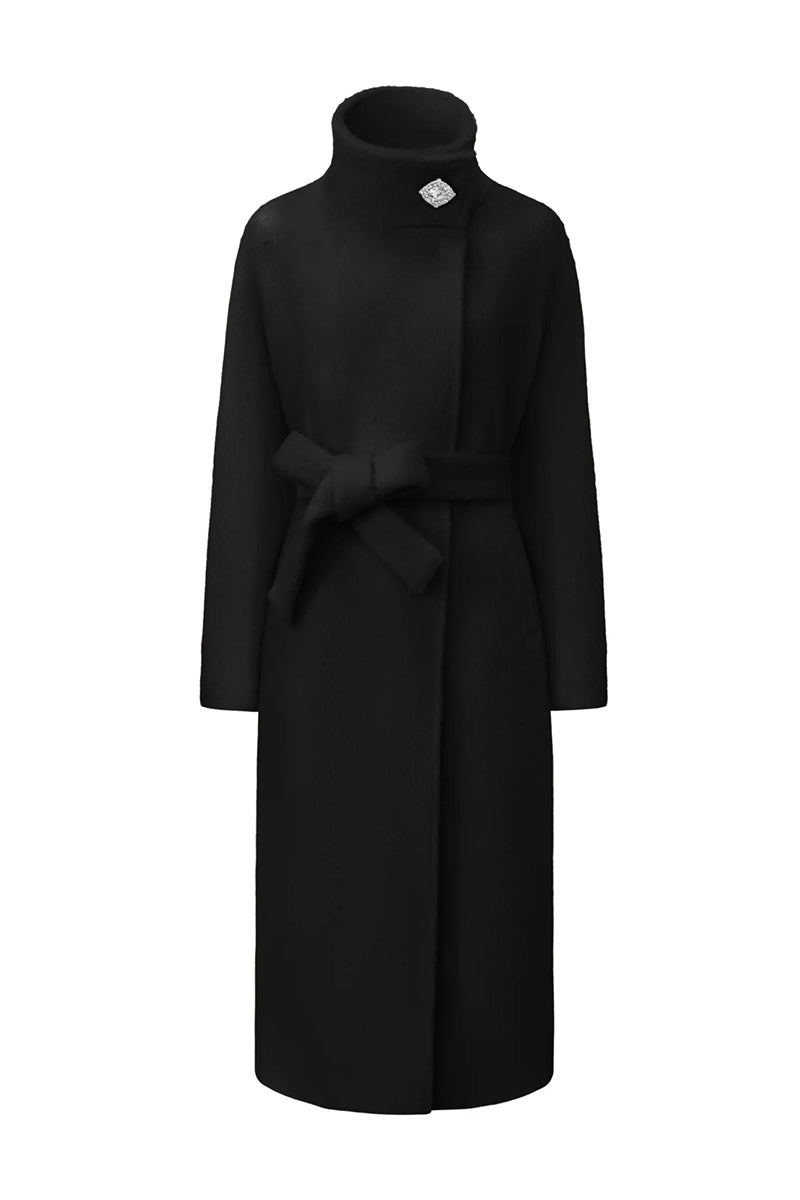 Nana Jacqueline Audrey coat in black, long stylish winter coat with tailored fit and classic design, displayed on a mannequin.