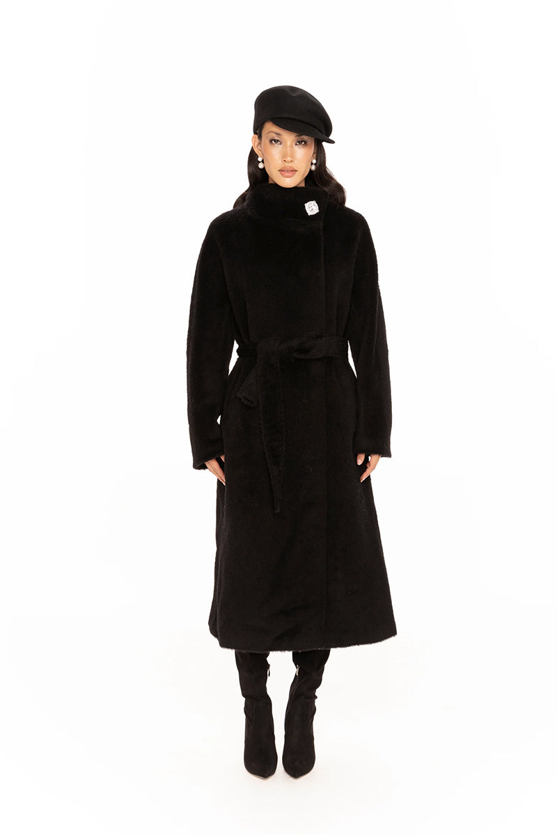 Nana Jacqueline Audrey black long coat with tailored fit and classic lapel, stylish outerwear for sophisticated winter look.