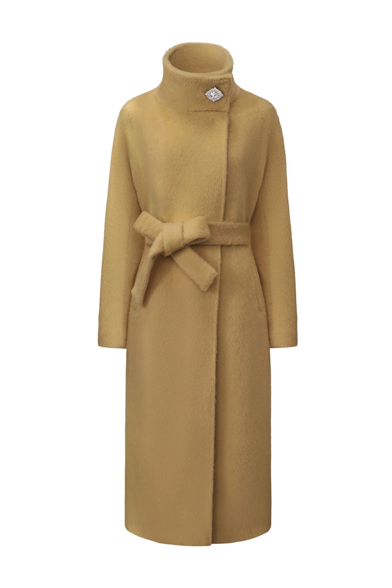 Nana Jacqueline Audrey coat in camel color, long wool coat with tailored fit and classic lapel collar, perfect for winter.