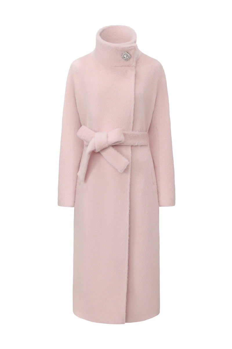 Nana Jacqueline Audrey pink long coat displayed, featuring a stylish and elegant design perfect for cold weather.