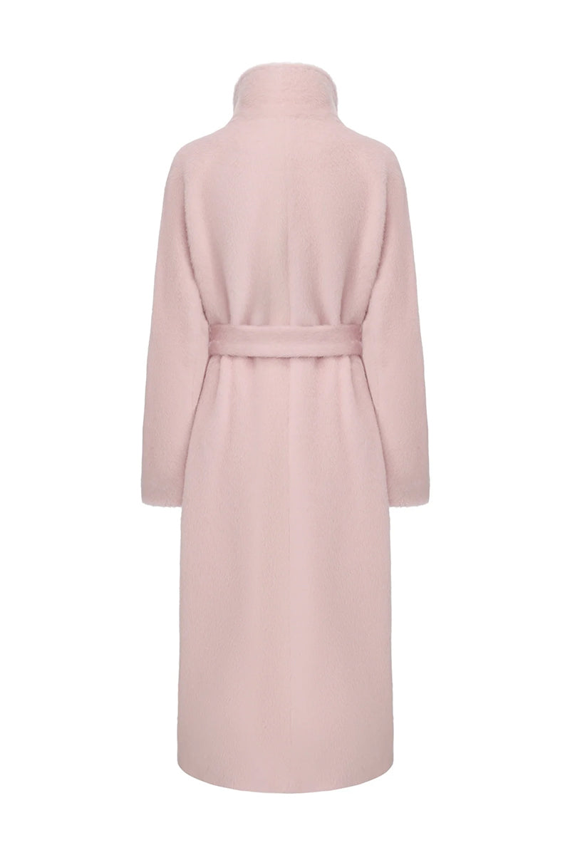 Pink Audrey coat by Nana Jacqueline, full-length view showing back with tailored design and elegant stitching details.