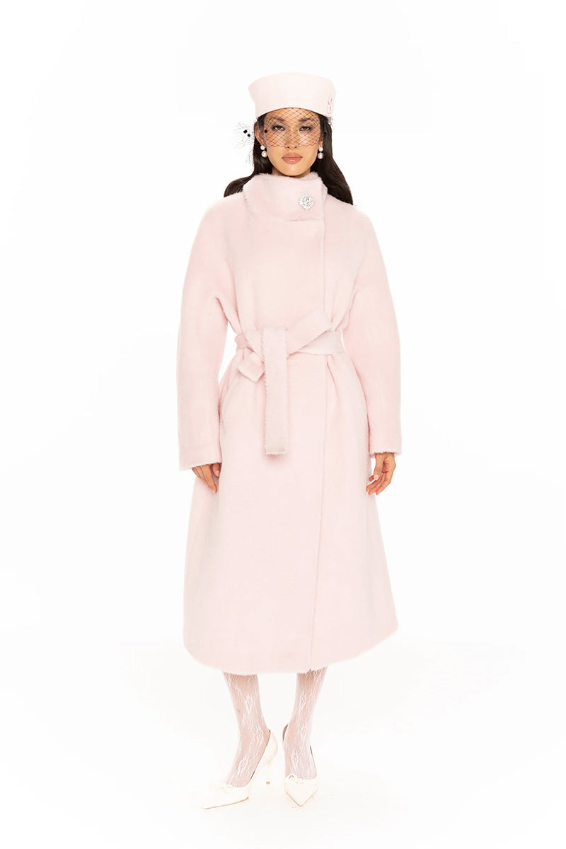 Nana Jacqueline pink Audrey coat in a long, stylish design displayed on a model in a fashion lookbook image.