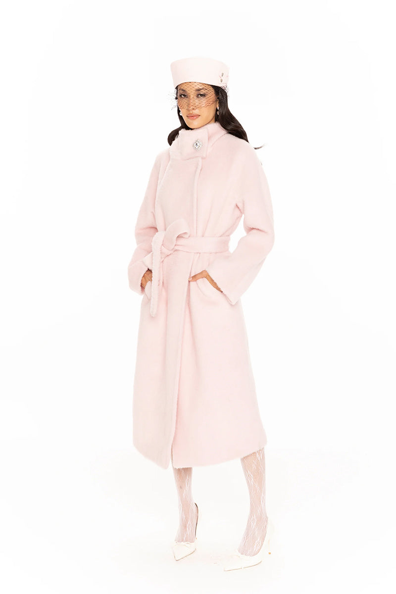 Nana Jacqueline pink Audrey coat featuring a long, elegant design with a tailored fit and stylish lapel collar.
