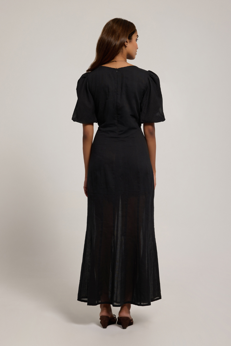 Black Aurelia maxi dress by Summer Away featuring flowing fabric and elegant design, perfect for summer occasions.