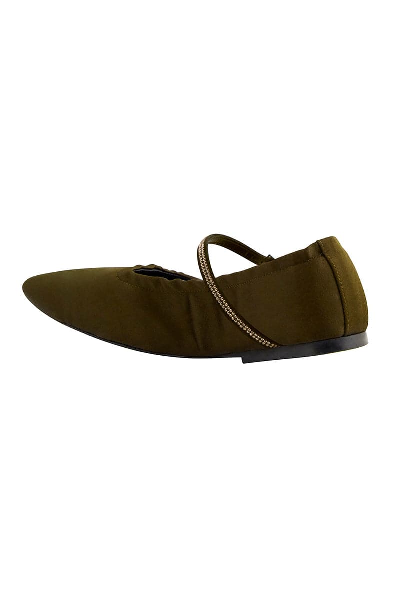 A pair of AERA Aurora gold crystal military satin ballerina flats with back view, showcasing elegant design and crystal embellishments.