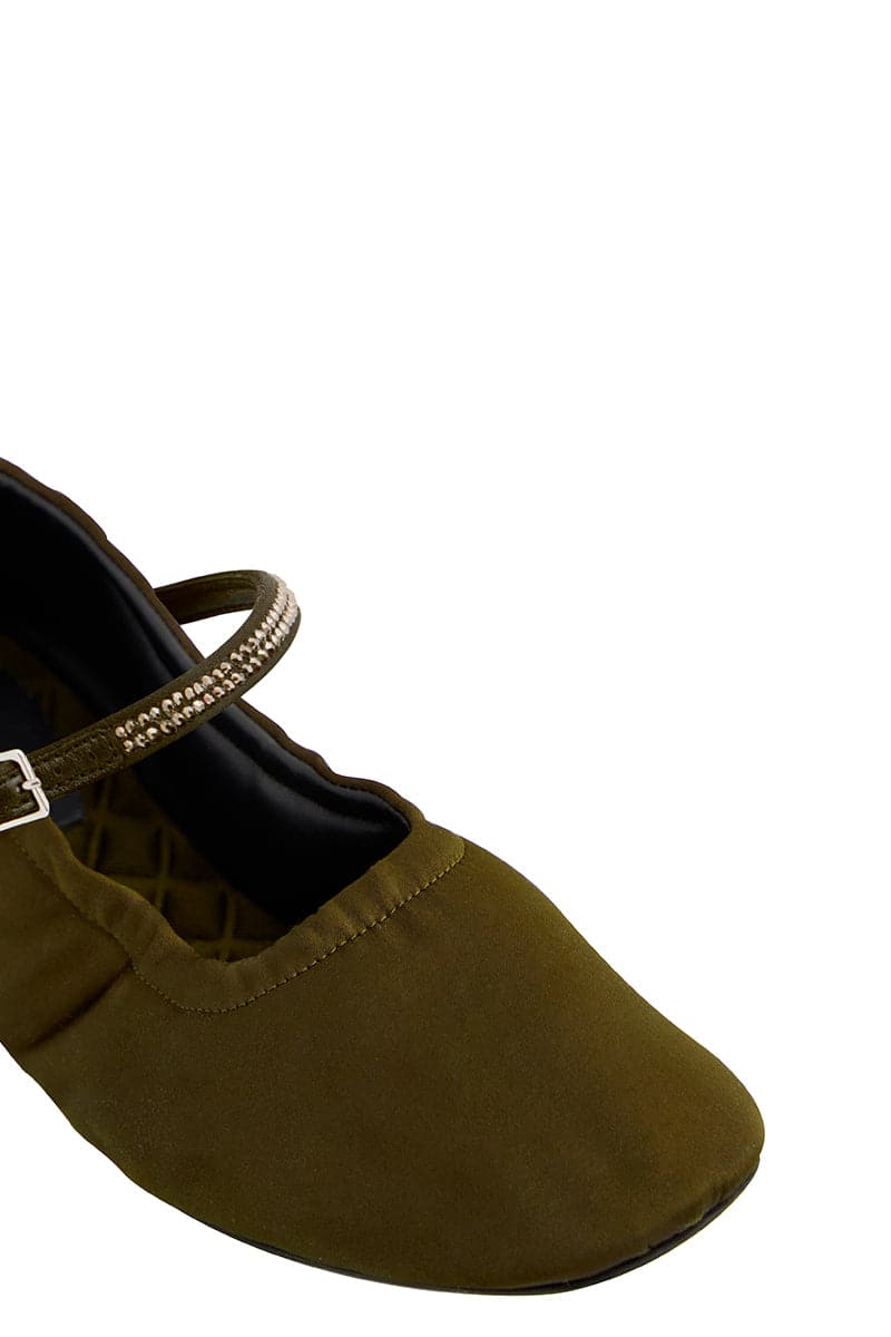 AURA Gold crystal military satin ballerina flats by AERA, showcasing the front view with elegant satin and sparkling crystal details.