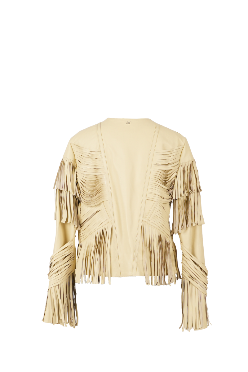 Beige yellow Aurora leather jacket by Double A featuring a stylish design and classic fit, shown on a mannequin.