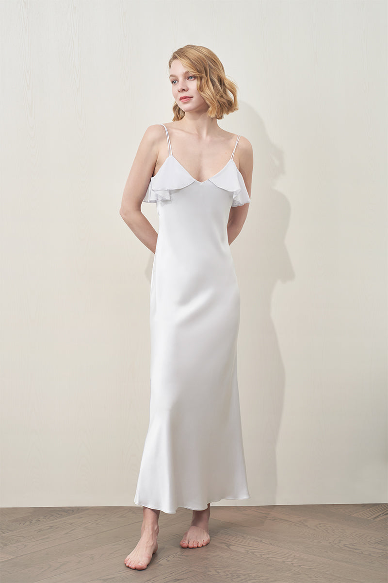 White Aurora Silk long nightdress by MANITO, flowing maxi dress with elegant silk fabric, perfect for comfortable sleep or lounging.