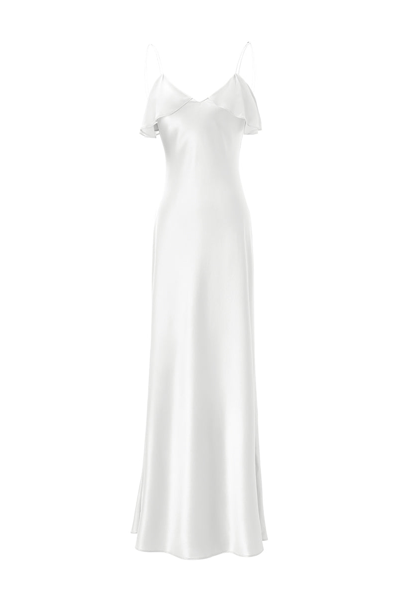silky white dress Laura Halter Satin Gown / | MESHKI shoulder satin dress exudes timeless elegance Satin White Dresses | Nordstrom
