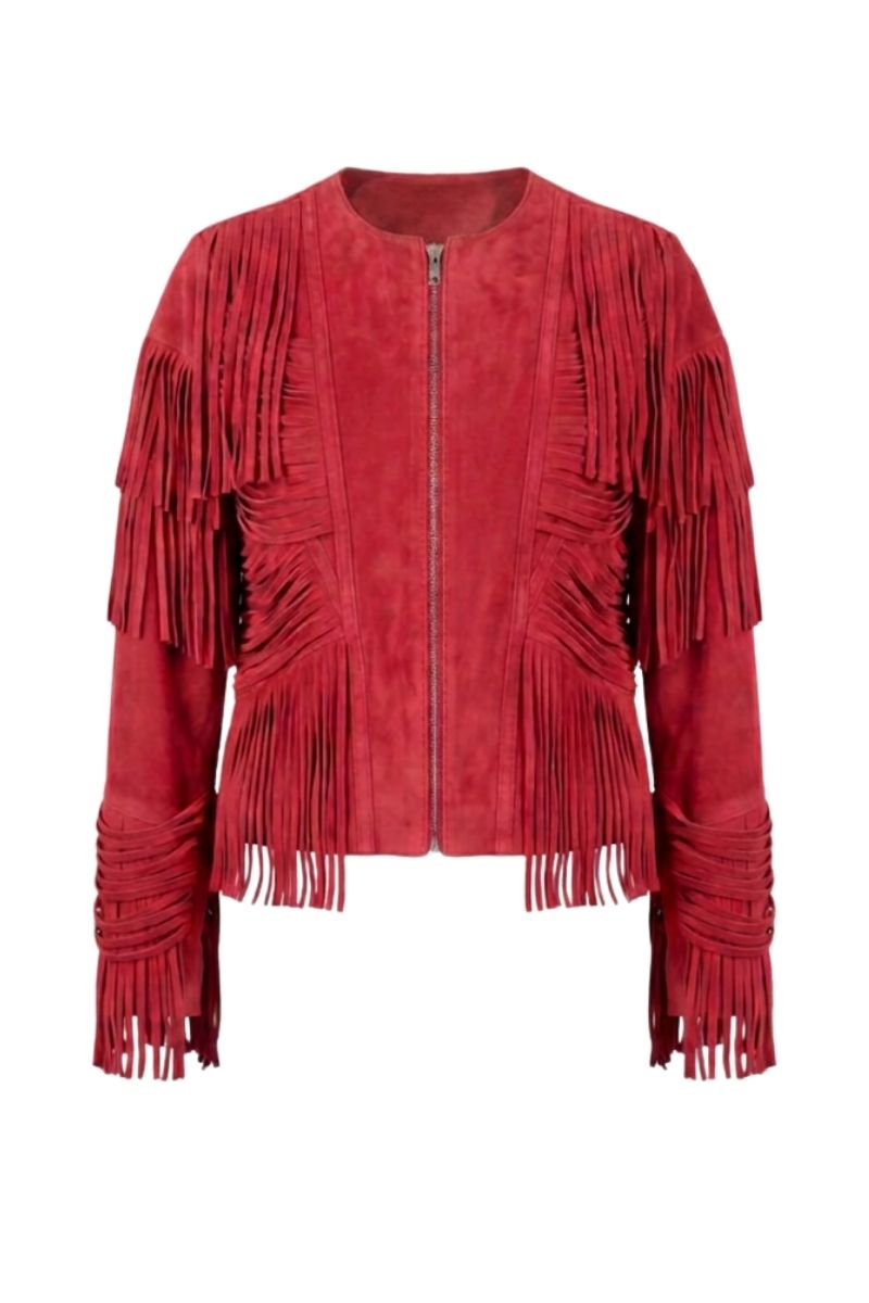 Double A CULT MIA X Aurora red suede jacket, stylish and durable with a sleek fit and vibrant color, perfect for casual wear.