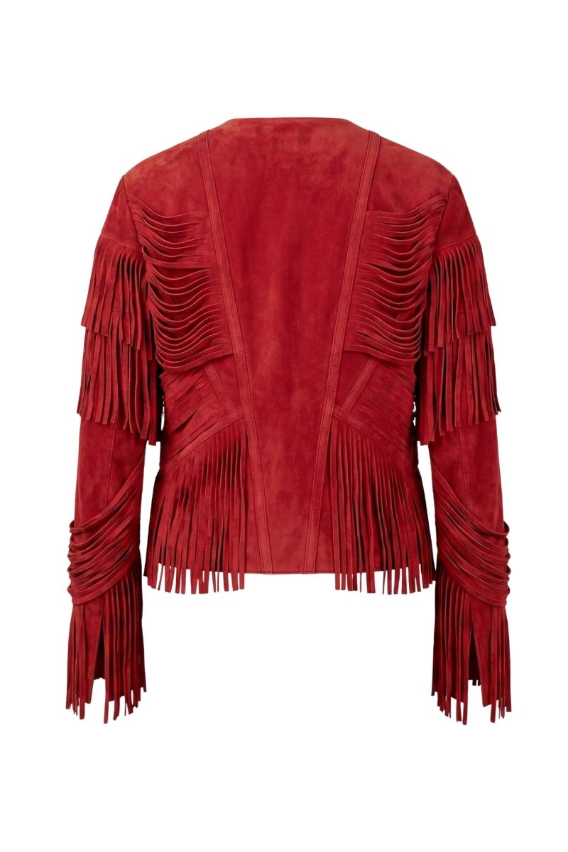 Double A CULT MIA X Aurora suede jacket in vibrant red, showcasing its stylish design and soft suede texture.