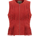Red AURORA suede vest by Double A, featuring soft suede fabric and a stylish tailored fit, displayed on a hanger.