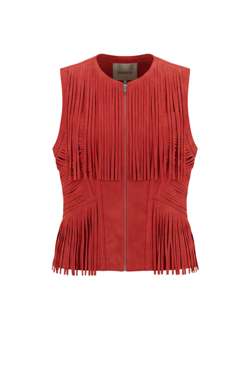 Red AURORA suede vest by Double A, featuring a stylish sleeveless design with a soft suede texture and tailored fit.