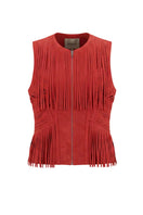 Red AURORA suede vest by Double A, featuring soft suede fabric and a stylish tailored fit, displayed on a hanger.