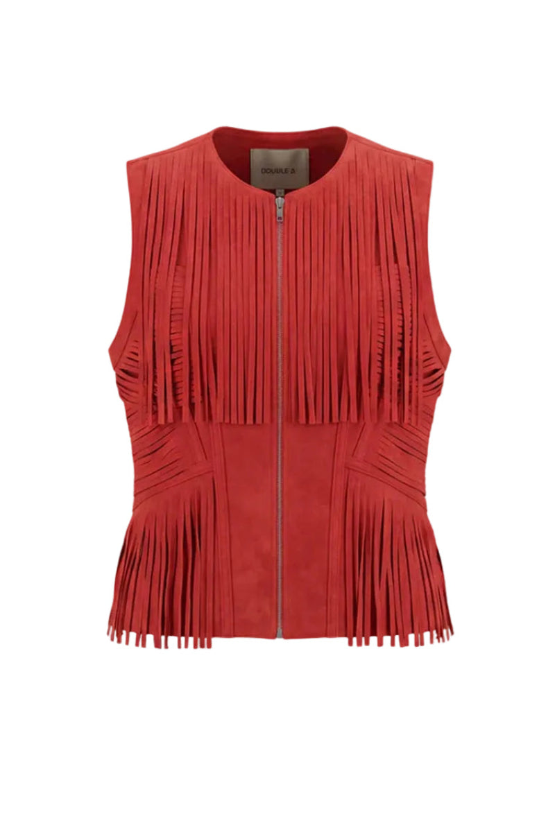 Red AURORA suede vest by Double A, featuring soft suede fabric and a stylish tailored fit, displayed on a hanger.