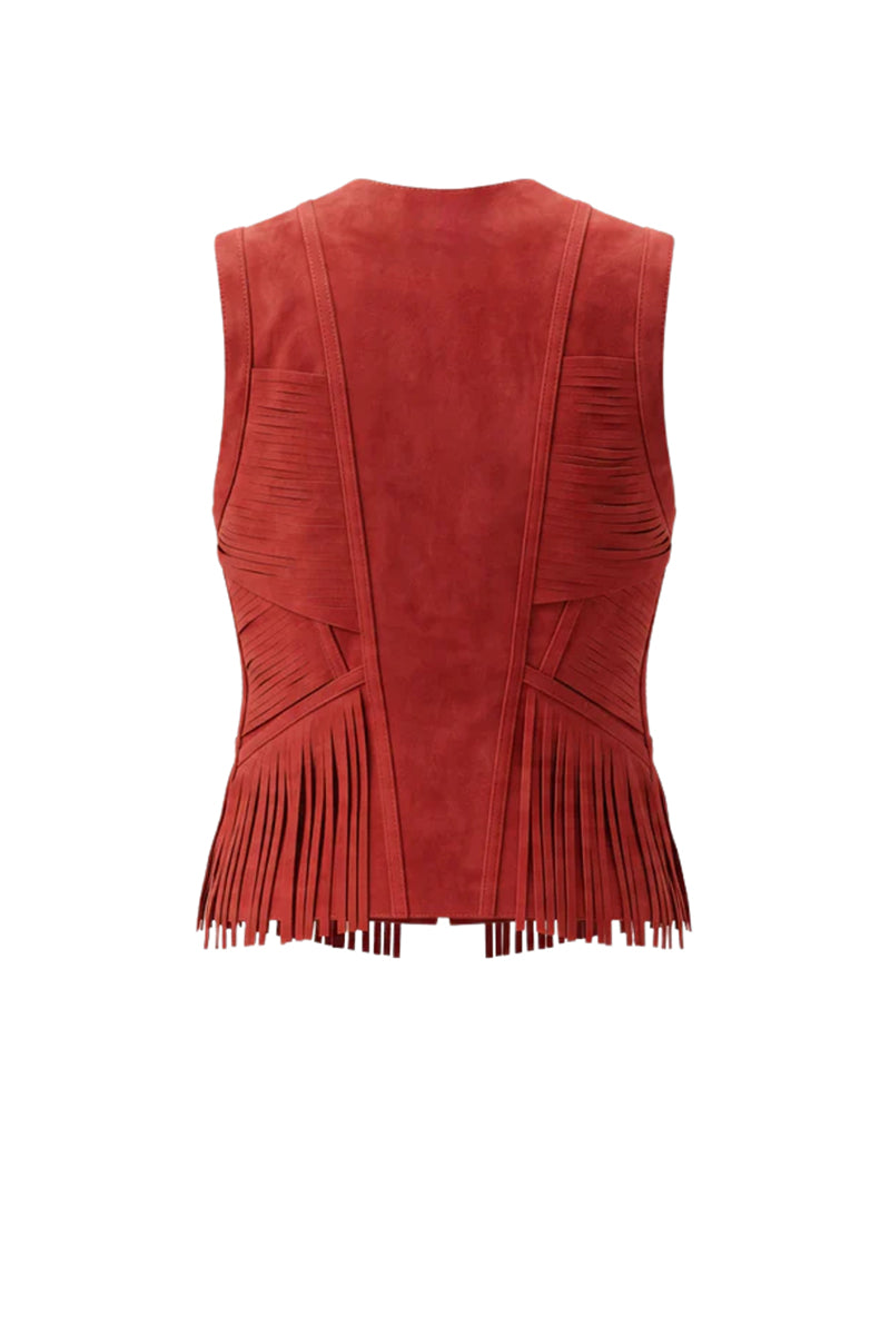 Red Aurora suede vest by Double A, featuring a stylish sleeveless design and soft suede texture.