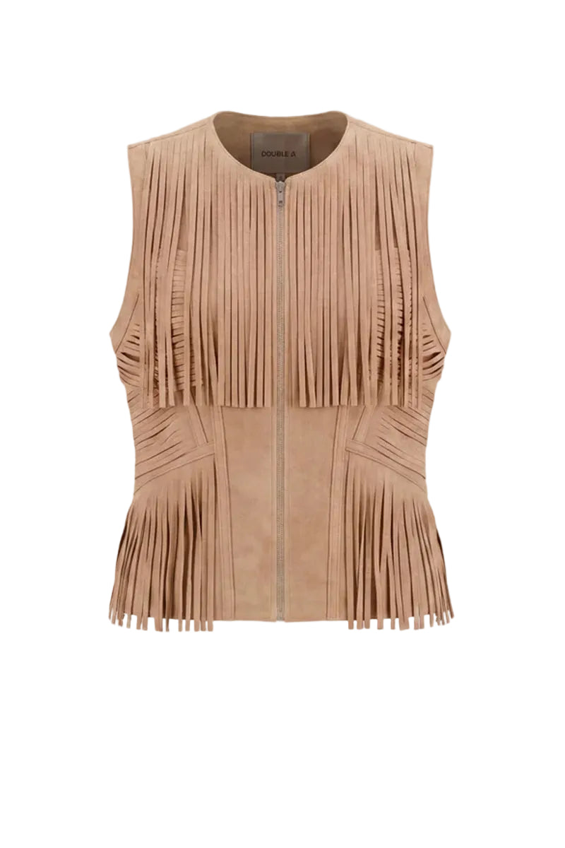 Double A Aurora suede vest in tan, showcasing its soft suede fabric and classic sleeveless design.