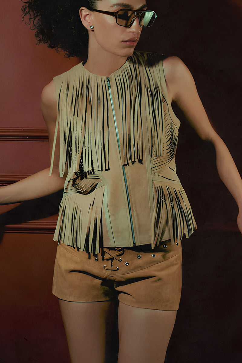 Double A Aurora suede vest in tan, stylish sleeveless outerwear with a soft suede texture and classic design.