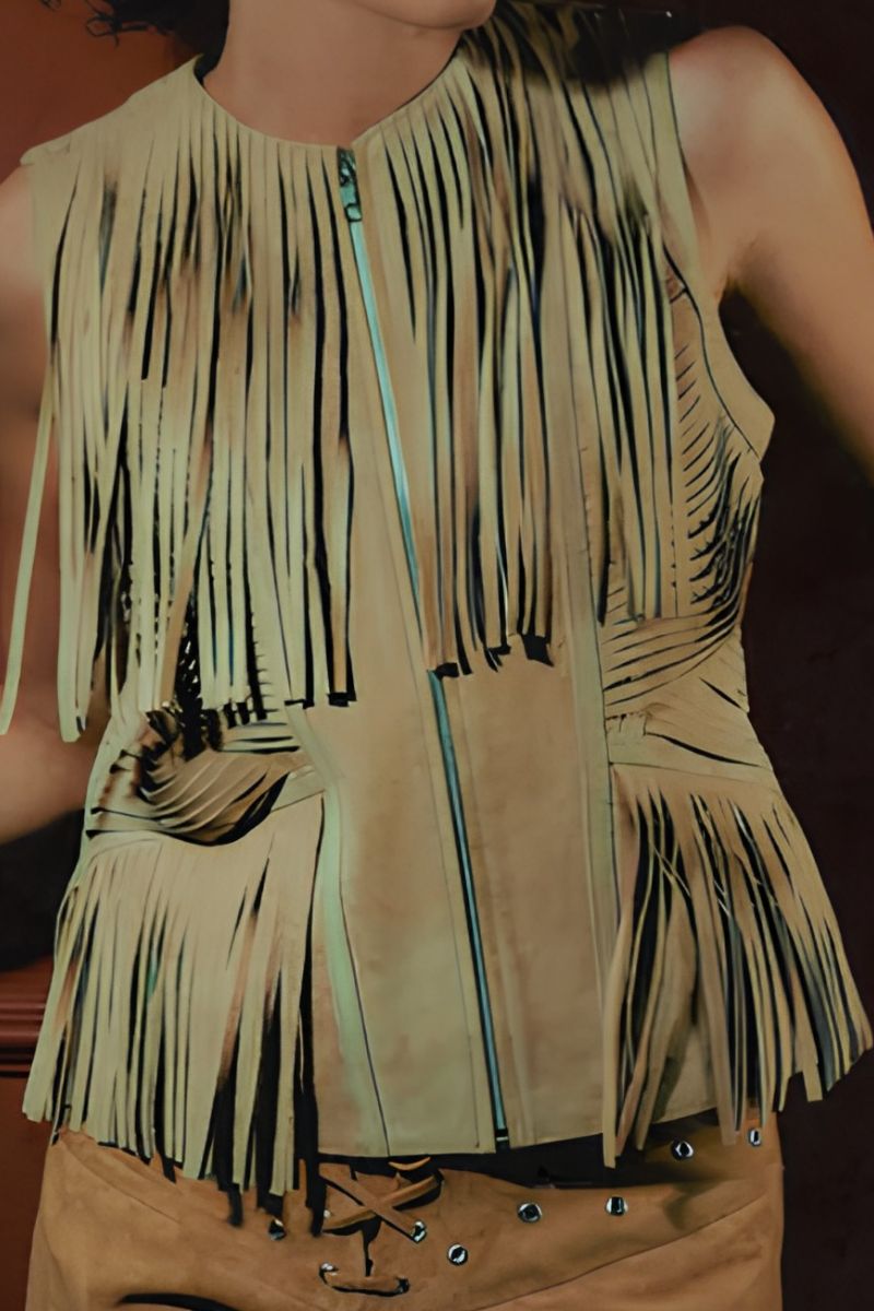 Double A Aurora suede vest in tan, featuring a stylish sleeveless design and soft suede fabric.