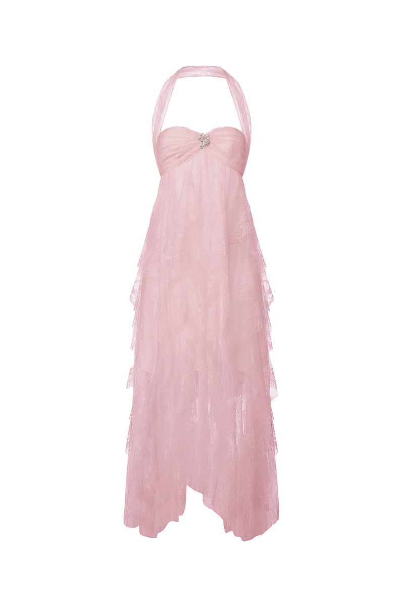 Pink Aurora lace maxi dress by Nana Jacqueline featuring a halter neckline, showcased from the front.