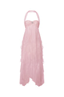 Pink Aurora lace maxi dress by Nana Jacqueline, featuring a halter neckline and elegant front view.