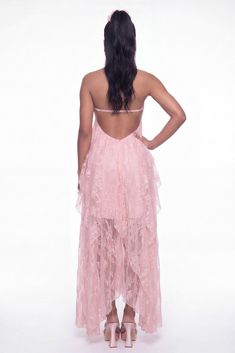 Pink Nana Jacqueline Aurora lace maxi dress with halter neckline, flowing fabric, perfect for elegant occasions.