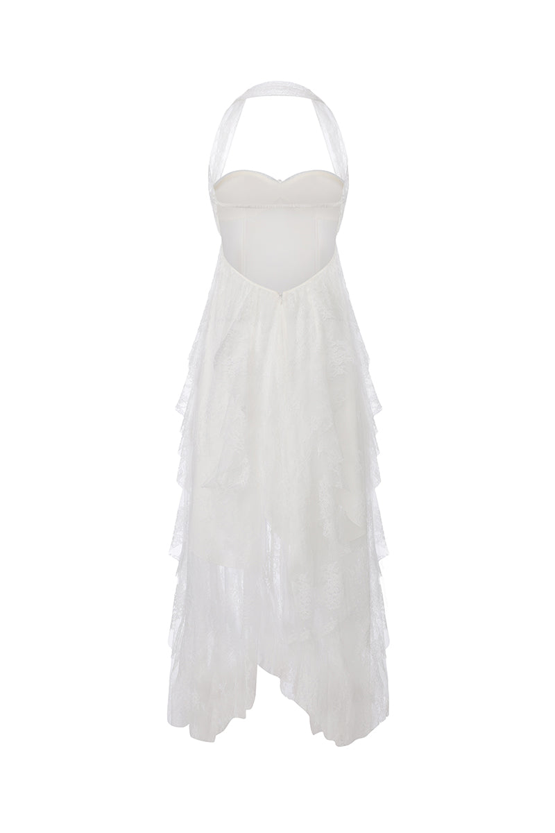 White Aurora lace maxi dress by Nana Jacqueline, halter neck style, shown from the back. Elegant evening wear for special occasions.