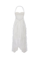White Aurora lace maxi dress by Nana Jacqueline, featuring a halter neckline and intricate lace details, shown from the back.