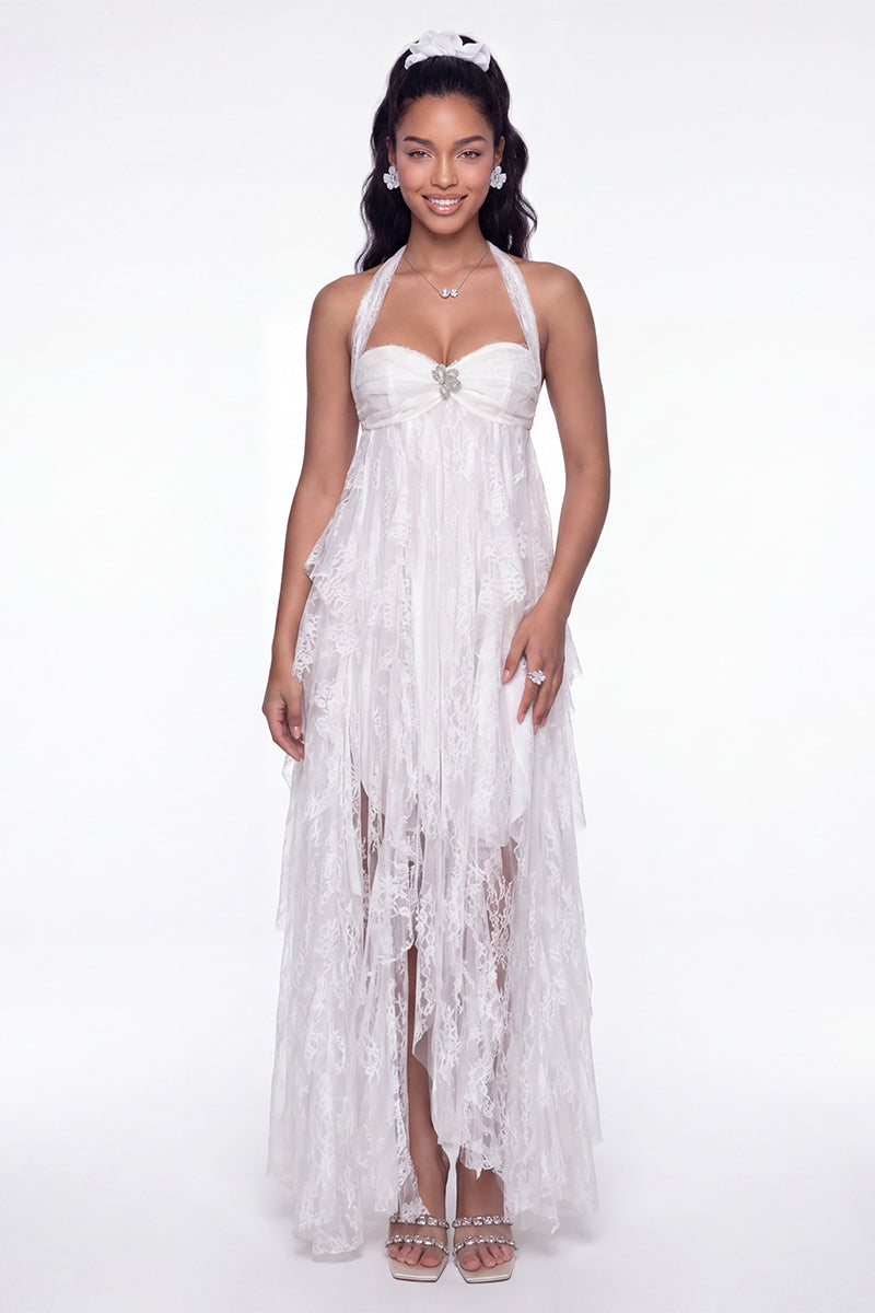 White Aurora lace maxi dress by Nana Jacqueline featuring a halter neckline and elegant lace fabric.