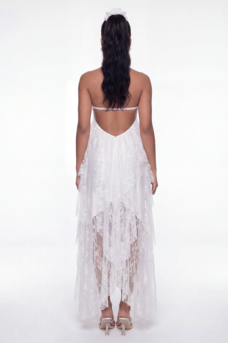 White Aurora lace maxi dress by Nana Jacqueline featuring a halter neckline and elegant flowy design.