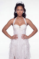 White Aurora lace maxi dress by Nana Jacqueline featuring a halter neckline and intricate lace details.