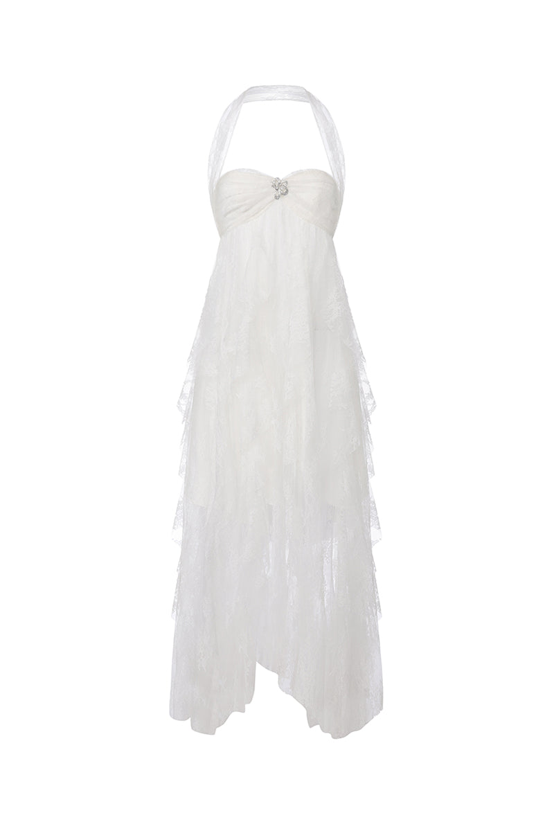 Nana Jacqueline Aurora lace maxi dress in white, halter neckline with intricate lace details and flowing silhouette.