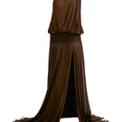 Deme By Gabriella AVA chocolate brown maxi dress with flowing fabric and sleeveless design on a model.