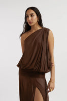 Deme By Gabriella AVA chocolate brown maxi dress with flowing fabric and sleeveless design, perfect for elegant occasions.