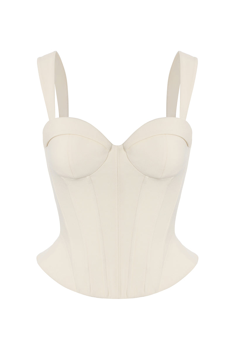 Nana Jacqueline Avalon top, champagne-colored corset style blouse with structured fit, front view showcasing elegant design.
