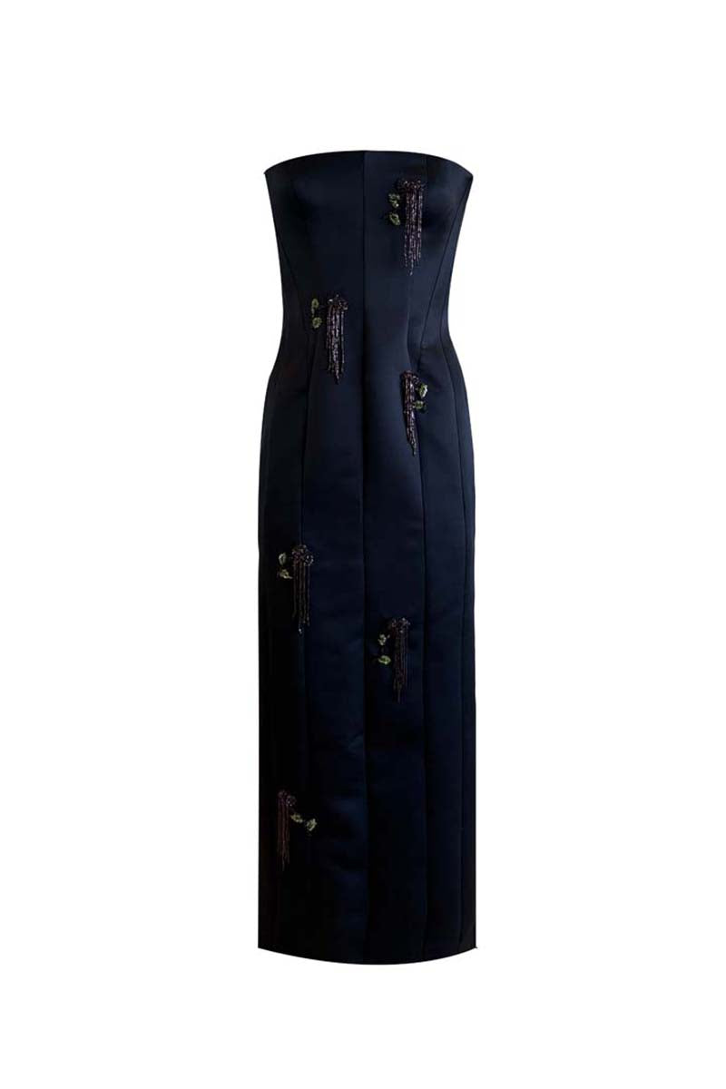 Black AXIS gown by YASSMIN SALEH, a stylish midi dress with a ghostly front design, shown on a mannequin.