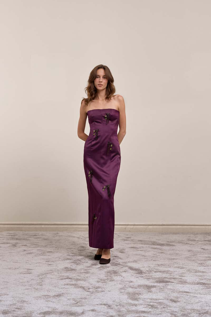Purple Axis Gown midi dress by YASSMIN SALEH, front view showcasing elegant design and flowing fabric.