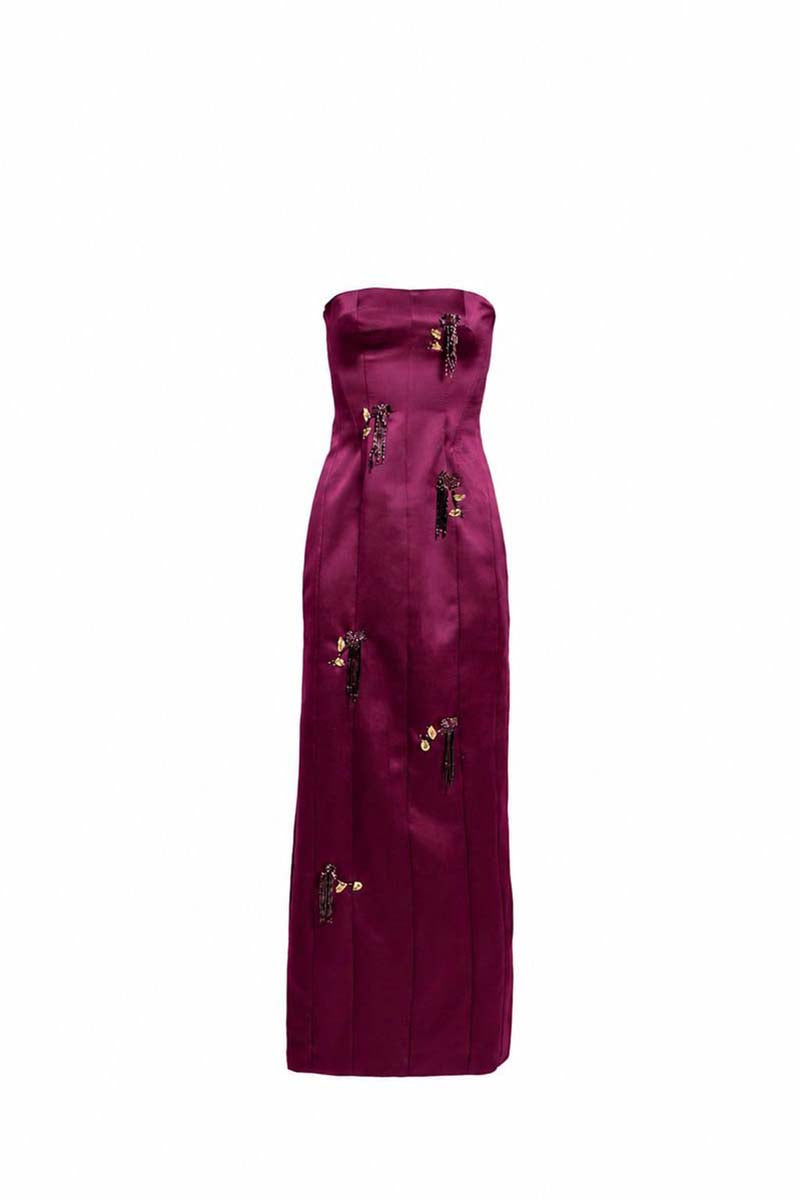 Purple Axis Gown in midi length by YASSMIN SALEH, front view showing elegant fabric and stylish design.