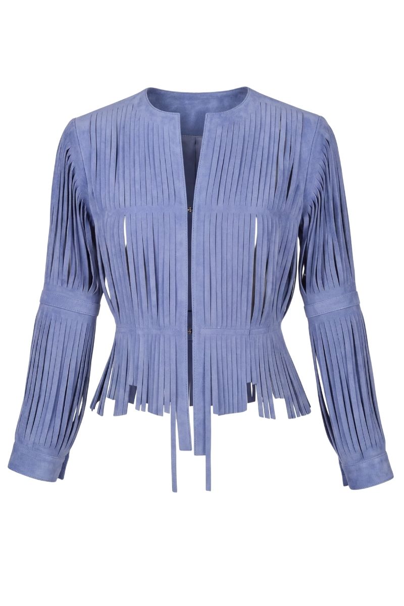 Double A CULT MIA X Ayla suede blue jacket, stylish outerwear with a sleek fit and soft suede texture.