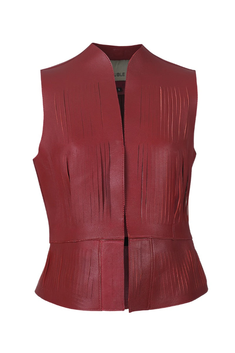 Red leather vest from Double A's AYLA II collection, featuring a stylish sleeveless design with front button closure.