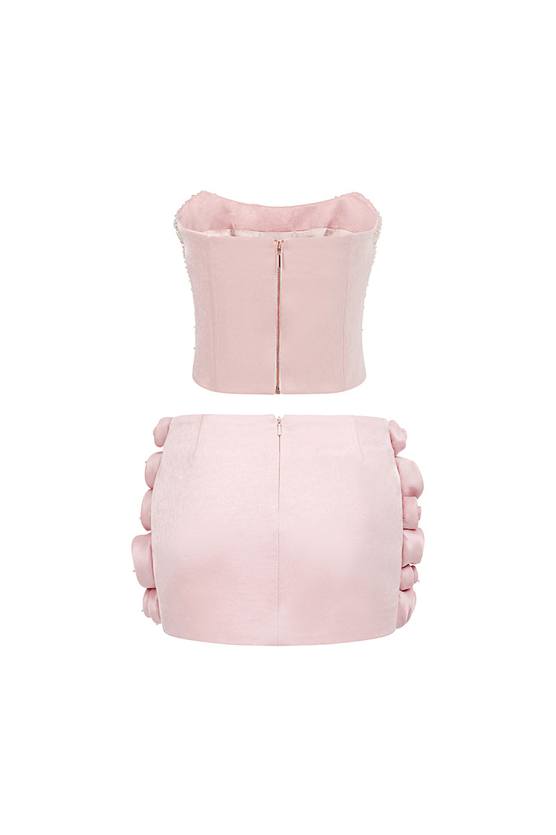 Light pink corset top and embroidered skirt co-ord set by I.H.F Studio, featuring detailed embroidery and fitted design.