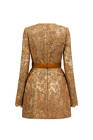 Brown long sleeve lace mini dress by I.H.F Studio, featuring intricate lace details and a fitted silhouette.